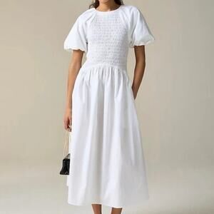 J.Crew Meadow Smocked Cotton Poplin Dress White Size XXS Petite NWT